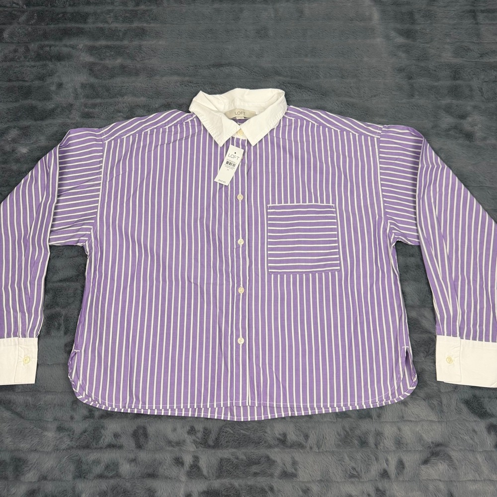 LOFT Womens Purple White Striped Cotton Button Down Shirt Contrast Collar M NEW